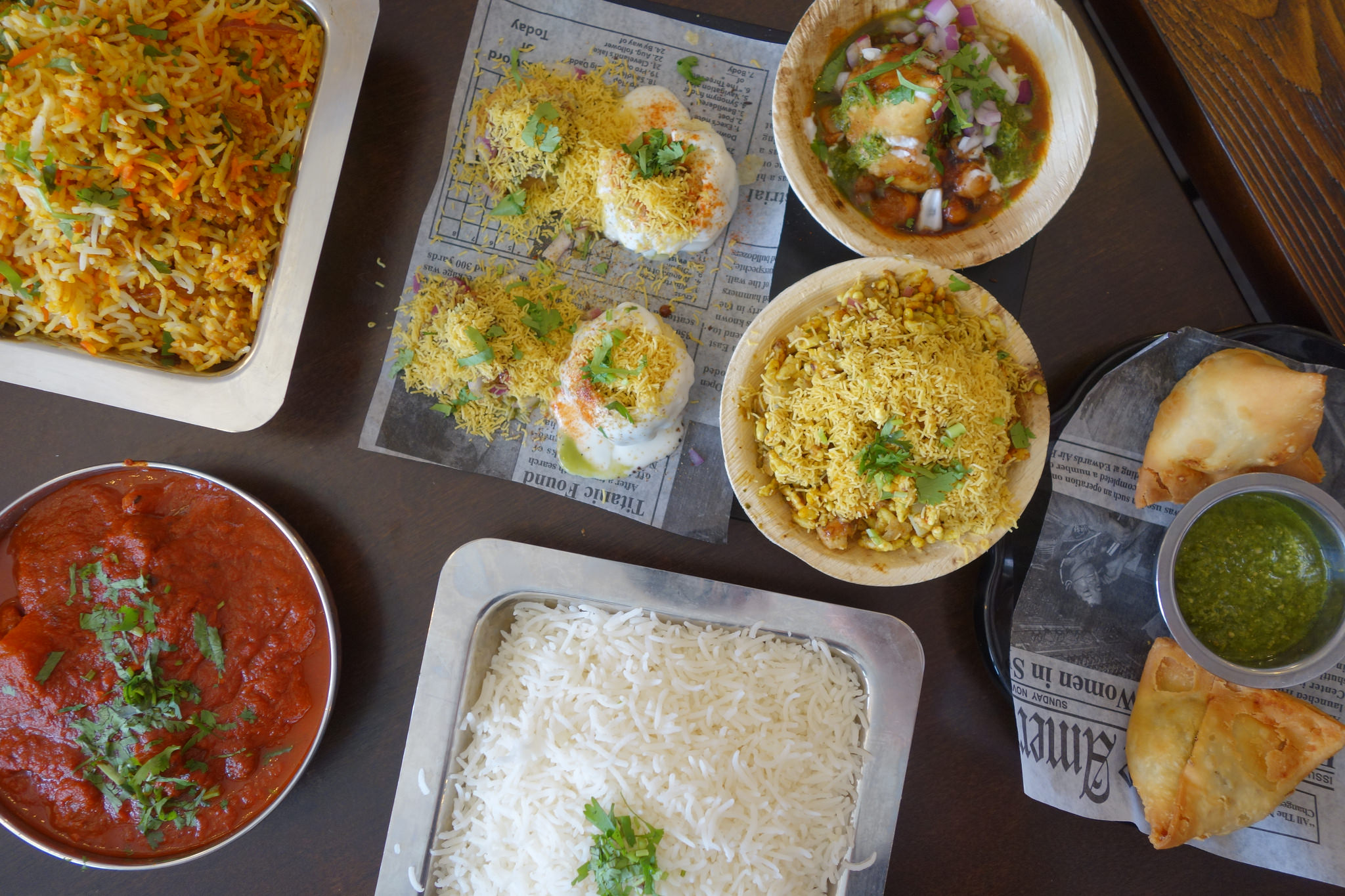 Chat Platter, Biryani, Curry, Rice