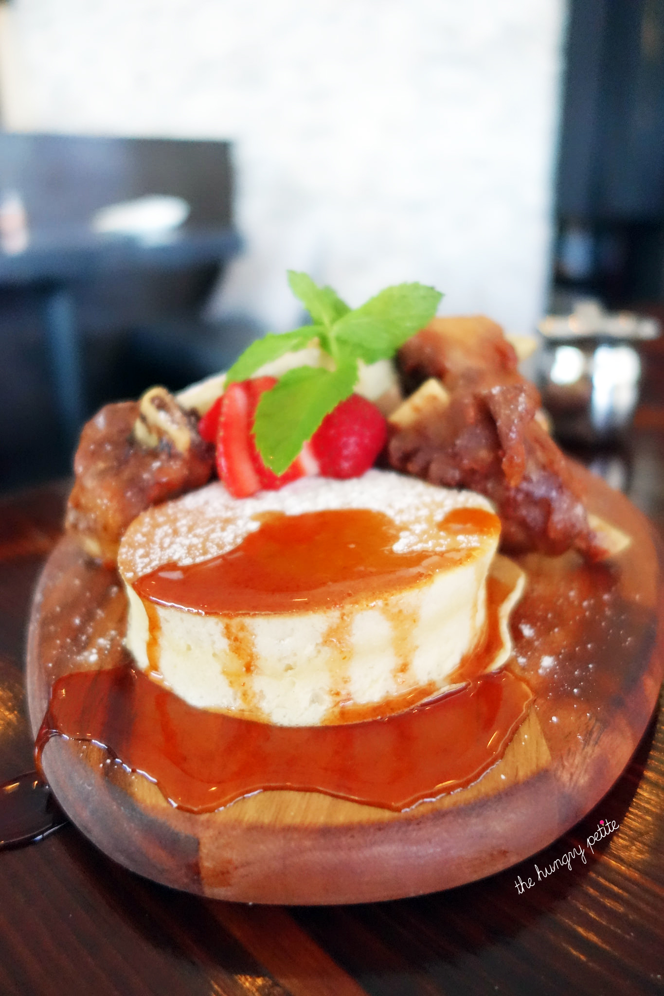 Japanese pancakes with pork wings, plain maple syrup and Sriracha syrup