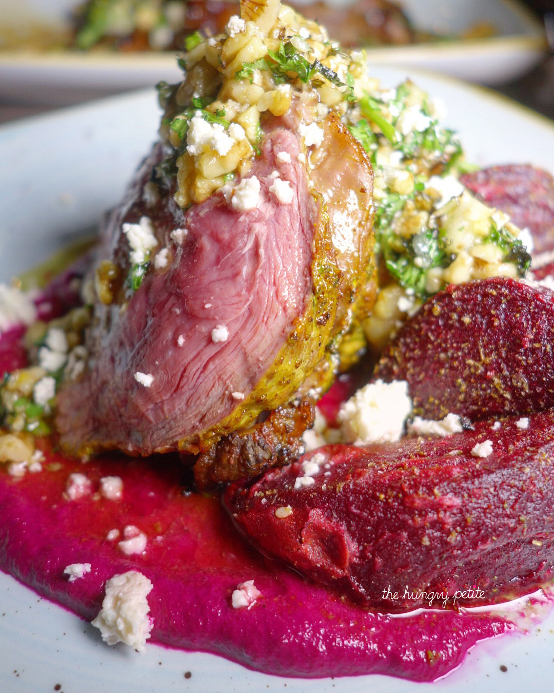 Moroccan Lamb Sirloin, roasted beet hummus, mint-walnut gremolata crispy beet, goat feta