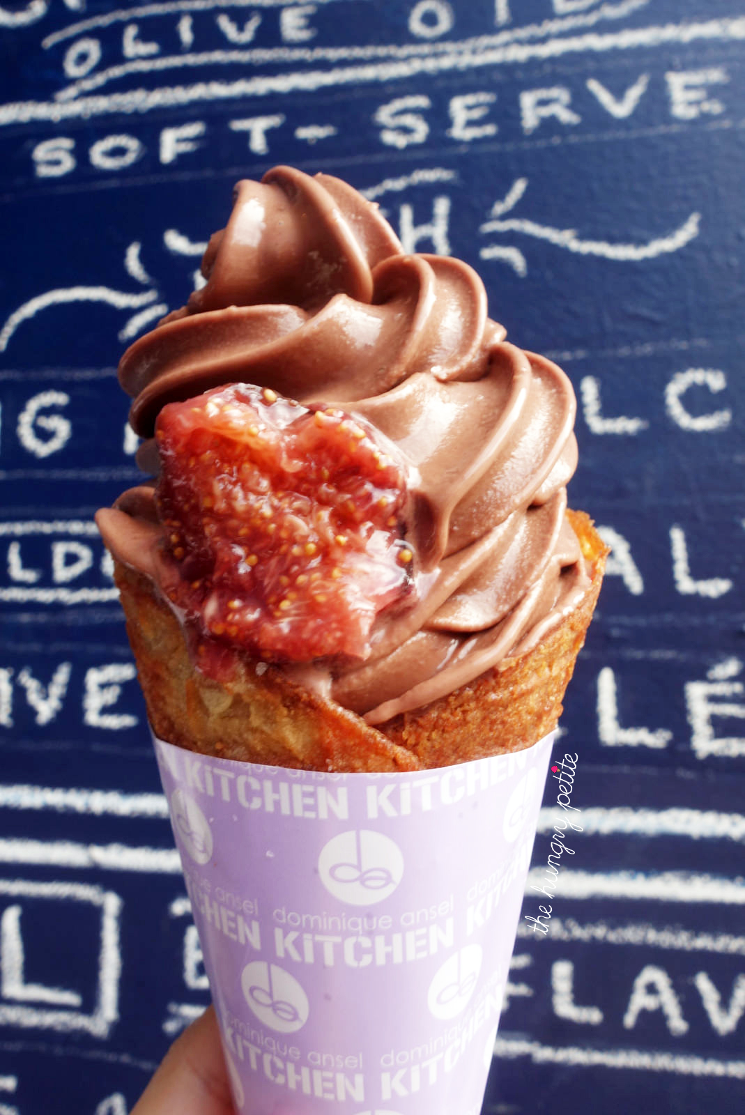 Dark chocolate olive oil softserve with fig agrodolce, olive oil gelée, and Maldon sea salt. Isn't it pretty?