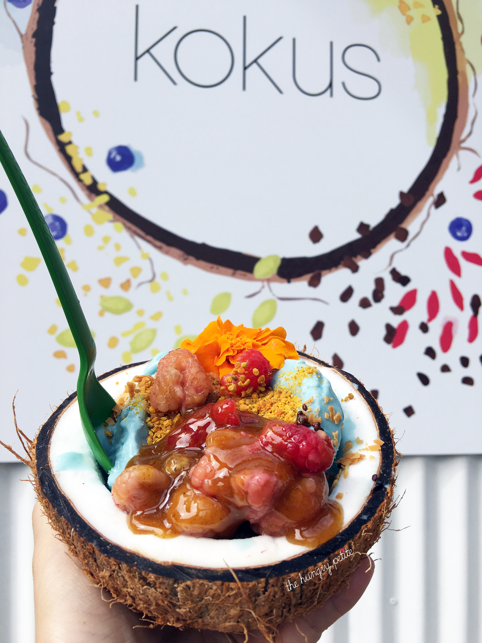 Kokus coconut bowl made with Blue Majik (blue-green algae) and other majikal foods