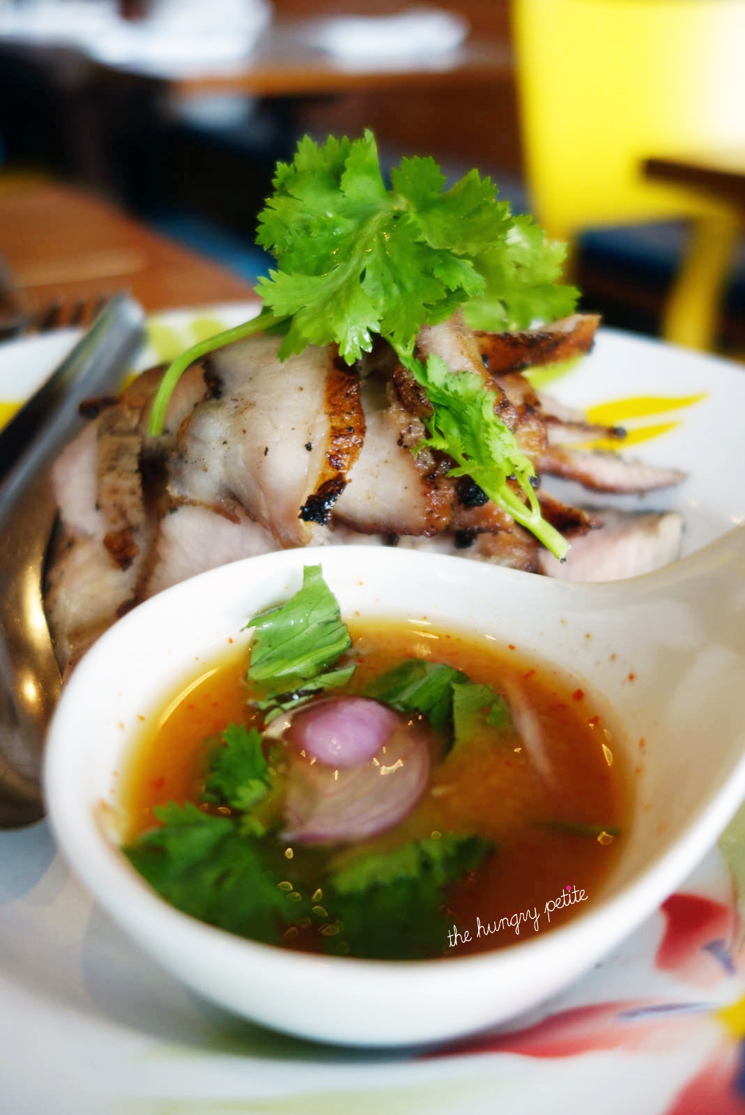 Grilled Pork Cheeks: Compart Duroc pork cheeks marinated in fish sauce, palm sugar served with Jeaw sauce.. DELICIOUS!