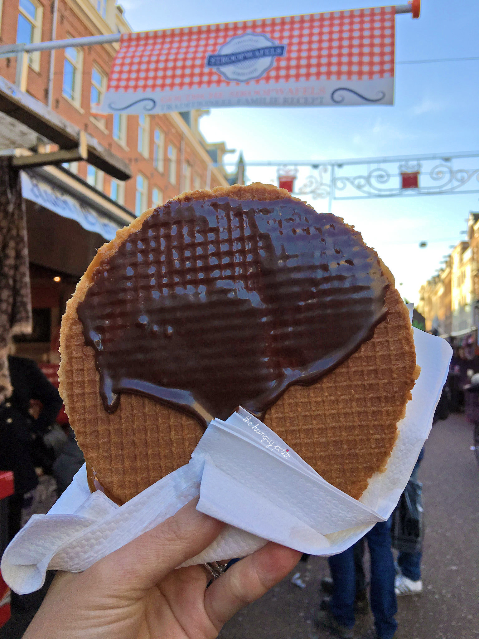 Original Stroopwafel with chocolate. You should go to this stand to get a stroopwafel. I tried the other stroopwafels stands and they were not as good in comparison. Original Stroopwafels, Albert Cuypstraat 182, 1072 EA Amsterdam