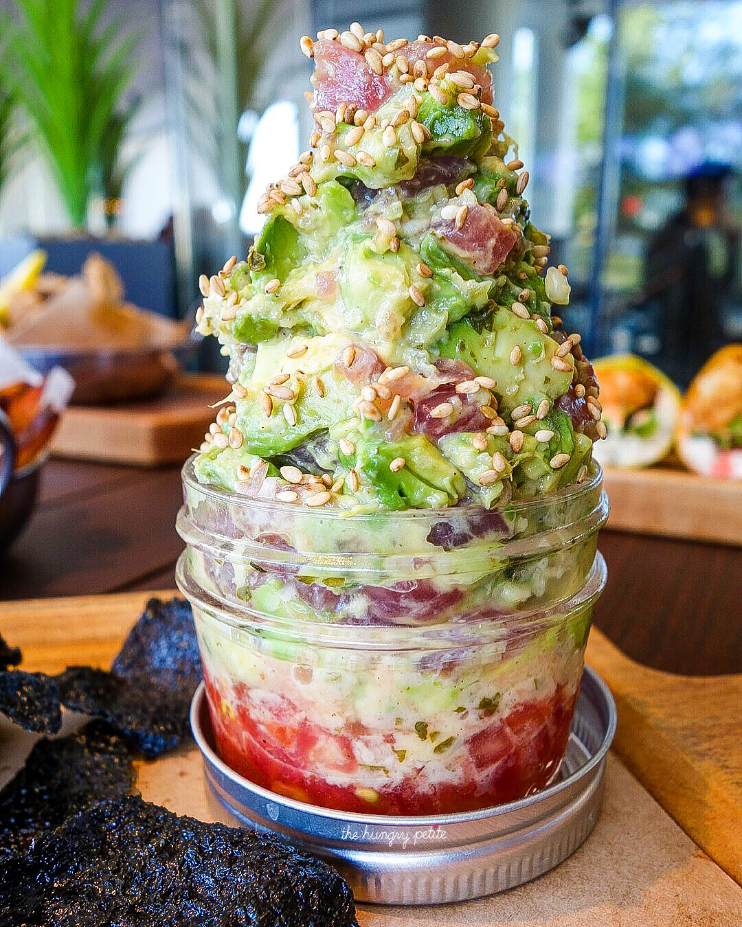 Tuna Poke In A Jar- sushi grade ahi, avocado, fresh tomatoes, nori crisps, ginger, spring onions & ponzu. The most beautiful of the appetizers I've had here. Loved all the avocado with the tuna. Warning: Lots of ginger in this one, too. $14