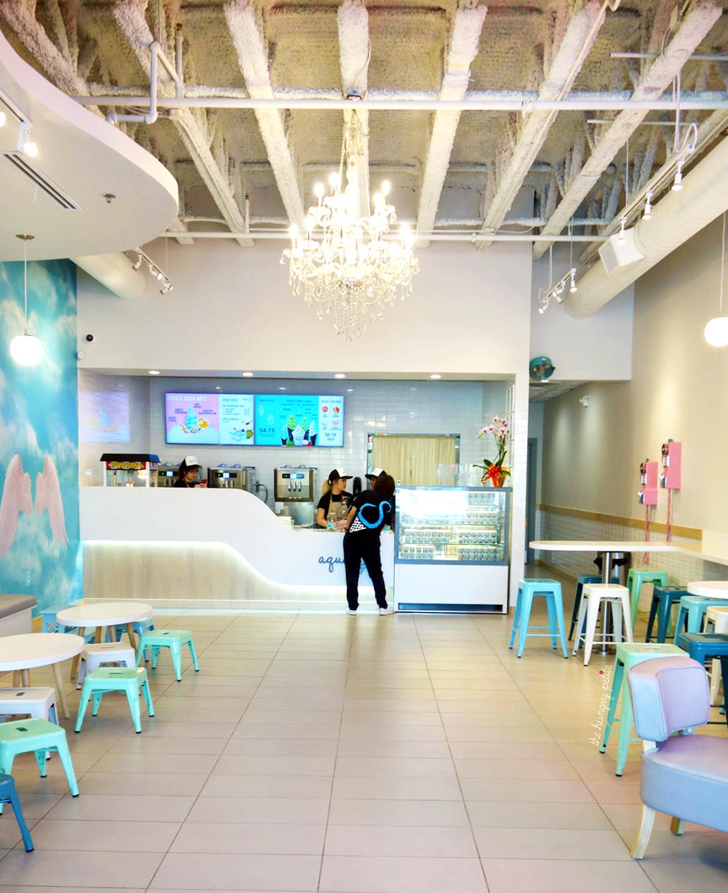 A chandelier hangs from the ceiling.