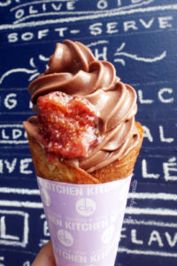Dark chocolate olive oil softserve with fig agrodolce, olive oil gelée, and Maldon sea salt. Isn't it pretty?