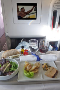 Foie gras with slivered hazelnuts and port jelly, potato salad with truffles, and Zac Efron