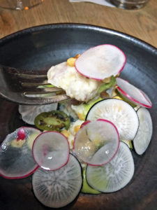 Pollack, roasted parsnip, Serrano and pickled mustard seeds