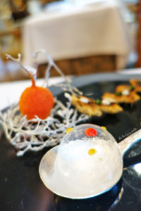 Mises en bouche - Bite sized air bubble: one bite and this popped in your mouth with orange scented liquid and air; Tangerine flavored liquid enclosed in a hard shell; "Pizza bread" with mushroom and mozzarella