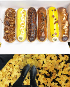 Barlette praliné amande, Citron meringué, Tainori Chocolat noir 64%, Caramel beurre salé, Passion crispy framboise, Chouchou caramel. The first one (tart) is my fav.