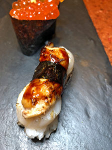 Foie Gras + Scallop Sushi and Ikura (Salmon Roe), both from the regular menu. The foie is a favorite of ours and we always order it. I like Ikura, but not in "large" amounts like this, so we only ordered one of that (for my husband). How can I not love Ikura? It stems from my trip to Japan's Tsukiji Fish Market 13 years ago. I wasn't much of a sushi lover back then, and trying to stomach an omakase at 7am was a difficult feat for a novice foodie. I ate as much as I could, but shoving a handful of Ikura into my mouth on a full stomach and a throatful of fish left me gagging. I remember that vividly, and I think of it every time I see Ikura.