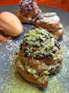 Green Tea and Strawberry Cream Puff - green tea pastry cream, strawberry cream, hazelnuts, cinnamon, Fuji apple sorbet. This was on the house as a birthday treat for my husband (which was a very sweet and kind gesture). I am usually not a fan of cream puffs because they never have enough cream in them! They're always just puff. These little cream puffs were great and filled with cream. They oozed out with each bite. And that Fuji apple sorbet was fantastic!