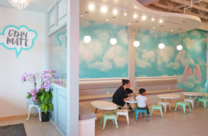 As you walk in, you are greeted by a G'Day Mate! speech bubble and a wall of clouds.