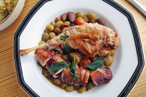 Braised Rabbit Leg & bacon-wrapped rabbit loin, braised beans and sage. Tender and delicious.