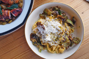 My sourdough tagliatelle, buratta, honey, pistachios, and crispy brussels sprouts.