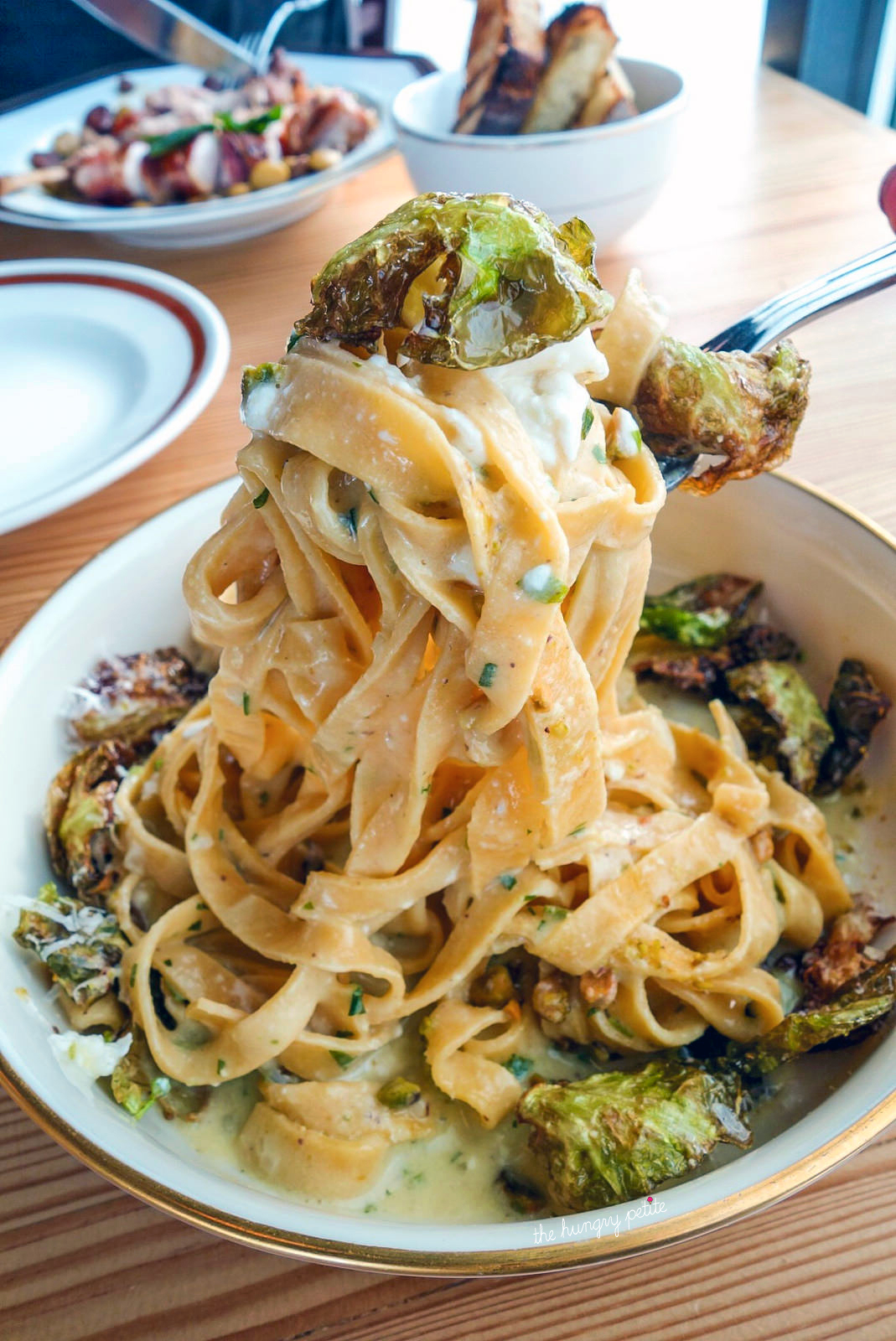 The same dish, but lifted and with a brussels sprouts hat. Loved the thick, chewy noodles.