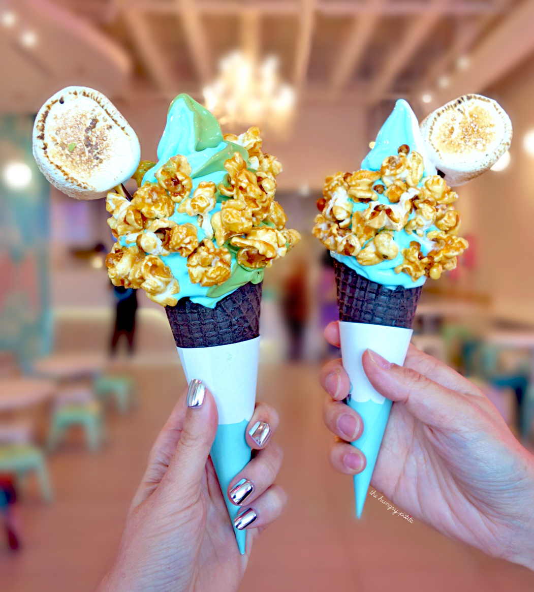 Left: Sea Salt & Matcha with caramelized popcorn and toasted marshmallow. Right: Sea Salt & Lychee with caramelized popcorn and toasted marshmallow (plus that pretty chandelier in the back).