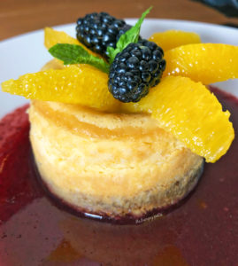 Salted Caramel & Pecan Cheesecake- caramel scented cheesecake with fresh blackberries & orange segments. Cute and delicious. $8