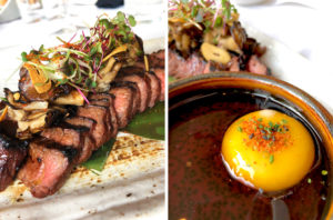 Snake River Farm Wagyu flat iron with maitake mushroom and sukiyaki egg yolk