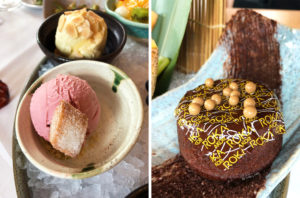 House-Made Sorbet and Ice Cream and Warm Valhrona Chocolate Cake with Almond Caramel and Vanilla Ice Cream.