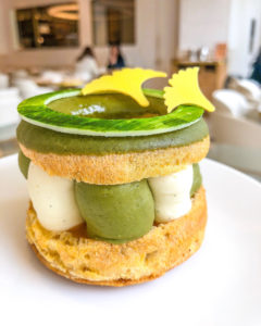 Dominique Ansel Bakery Japan exclusive Paris-Tokyo, a twist on the traditional Paris Brest with matcha ganache and soft passion fruit curd.